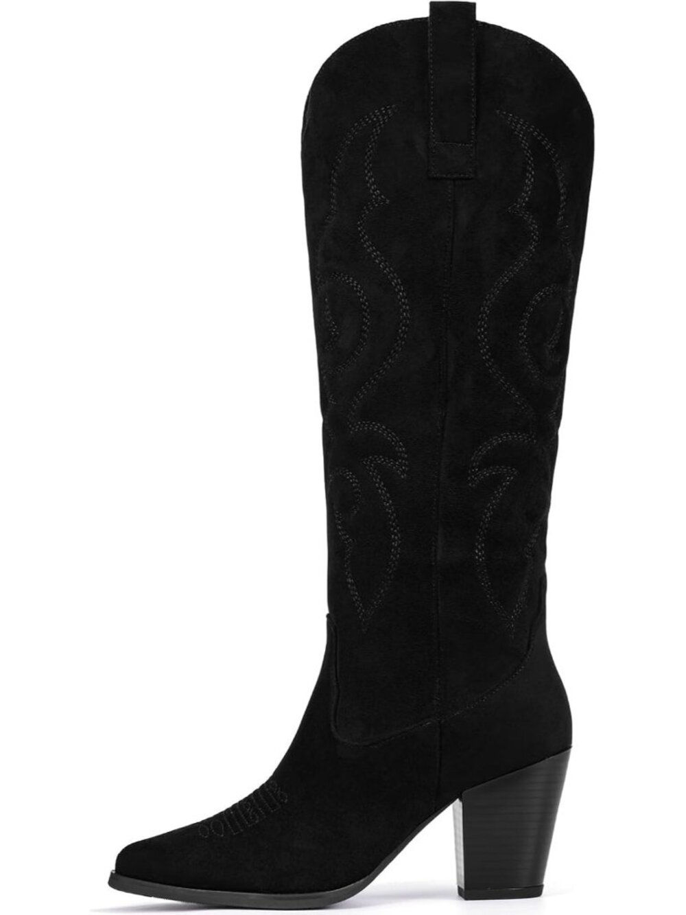Women’s Black Suede Embroidered Mid Calf Pointed Toe Chunky Heel Cowboy Boots
